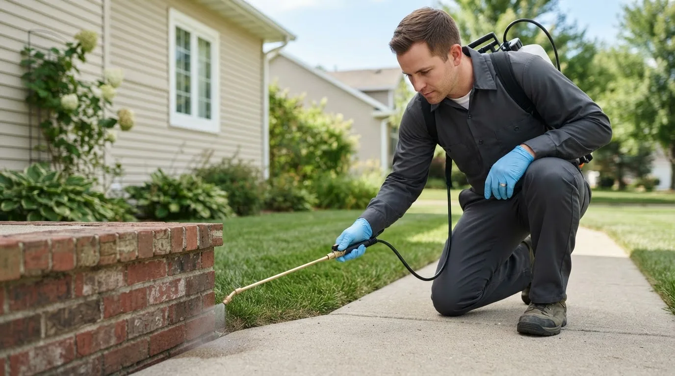 Pest control technician treating a home near Paxton, MA