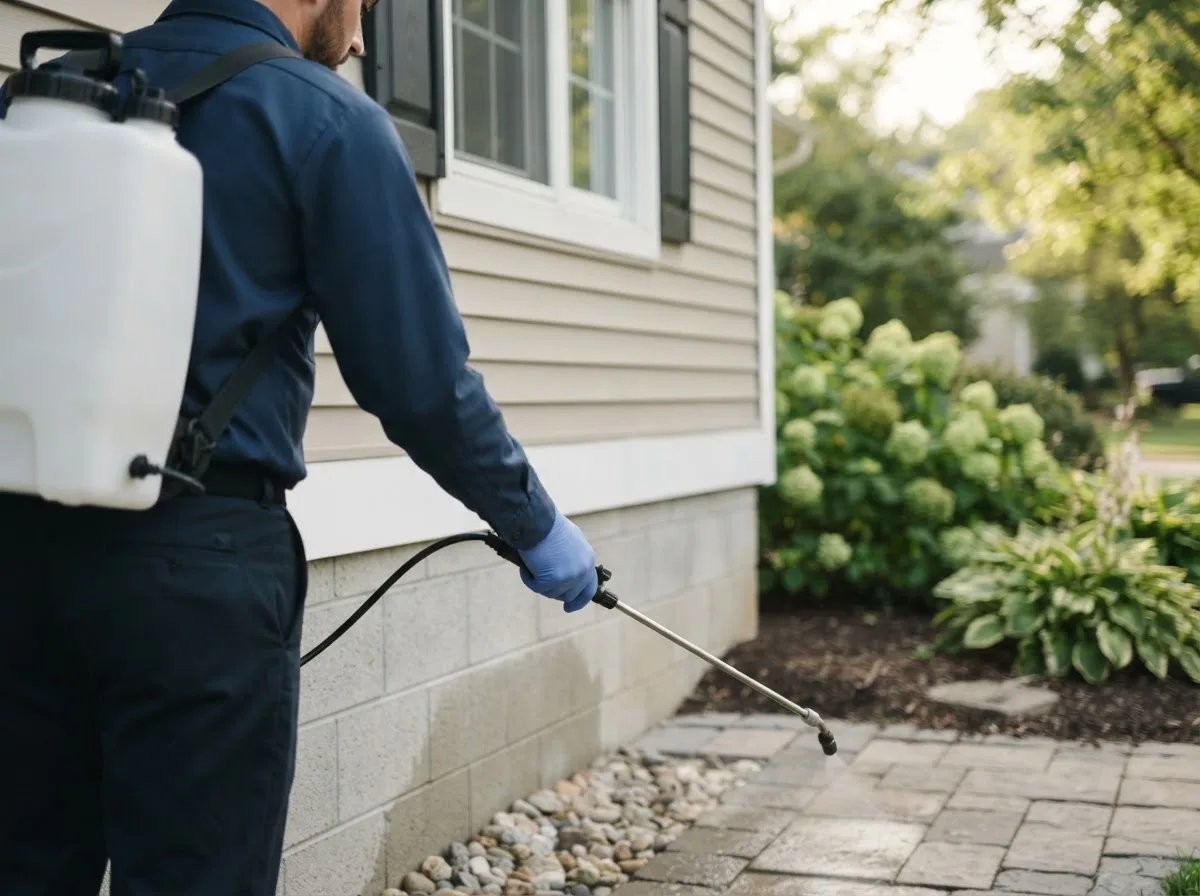 Pest control technician inspecting a home in Paxton, MA